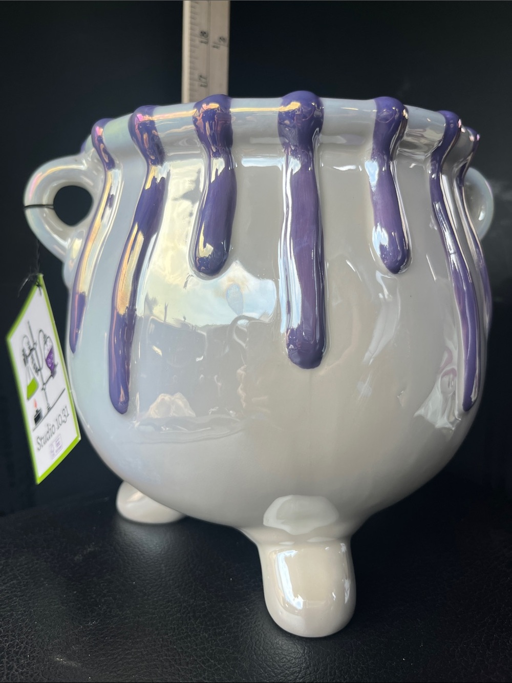 Ceramic Drip Planter - White with Purple Drip